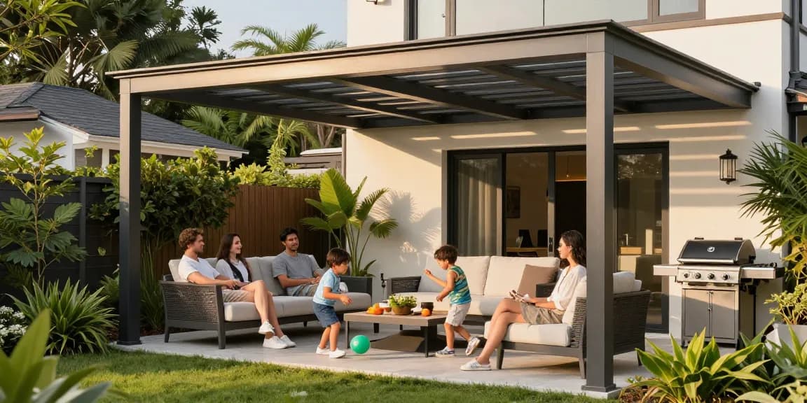Familie genießt ihre Terrassenüberdachungen im sonnigen Garten mit modernen Möbeln.