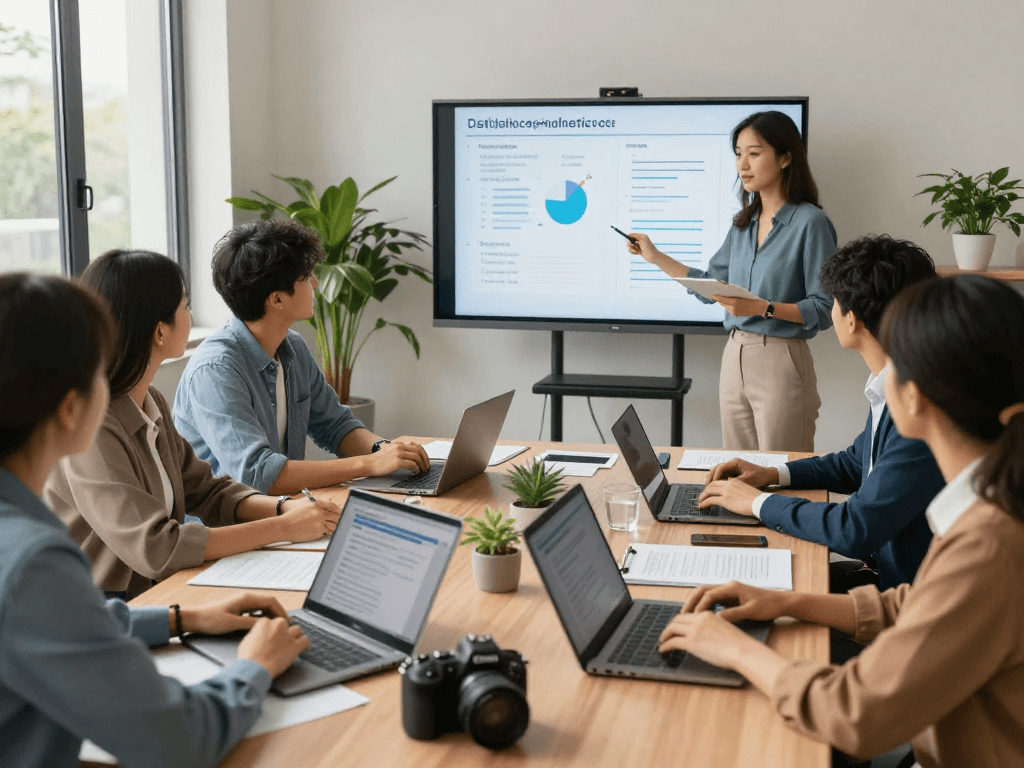 Wirtschaft und Verwaltung Wohnungsbaugenossenschaften: Beraterteam bespricht Datenschutz und Barrierefreiheit in einem modernen Büro.