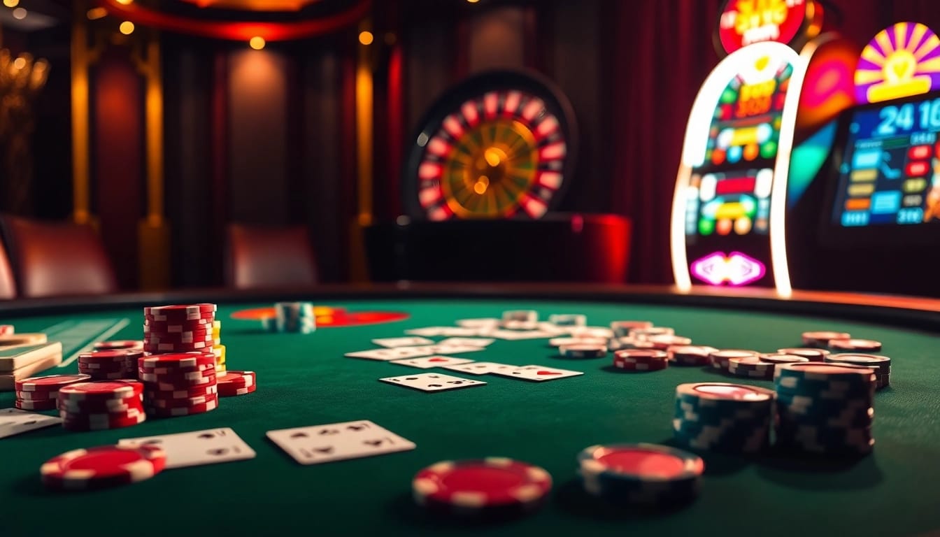 Engaging poker scene with high stakes at https://www.bdtk1.org/, showcasing vibrant cards and chips.