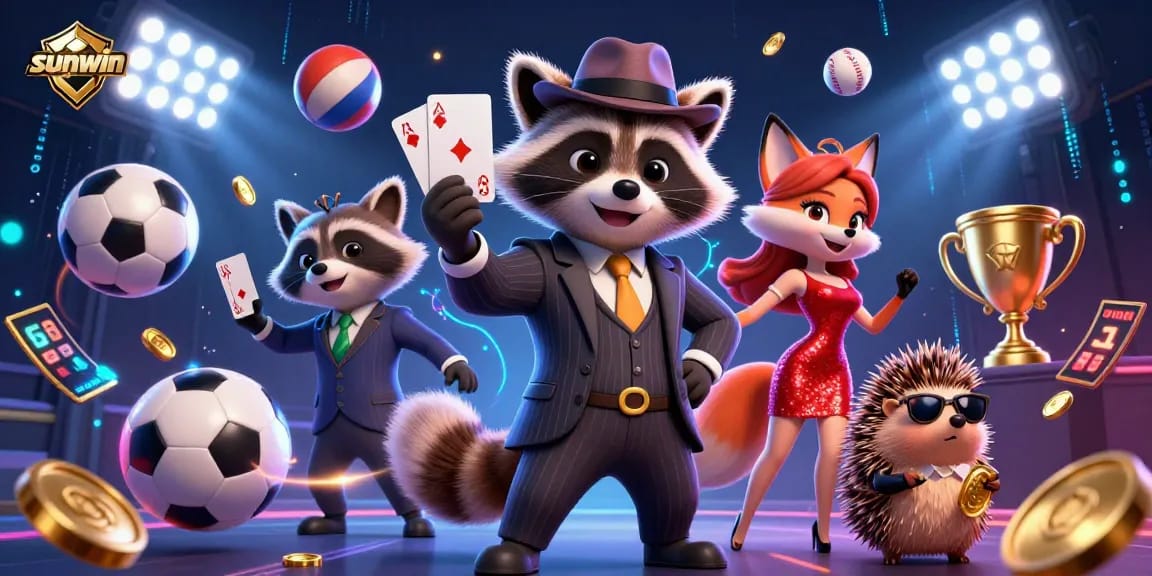 Engage in thrilling gaming with sunwin featuring a suave raccoon, elegant fox, and lively sports elements.