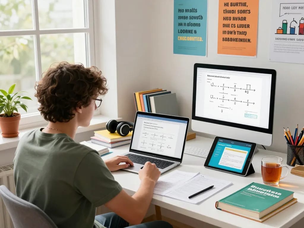 Student, der die Hausaufgabenlösungs-App in einem hellen Studienraum nutzt und mit den Hausaufgaben beschäftigt ist.