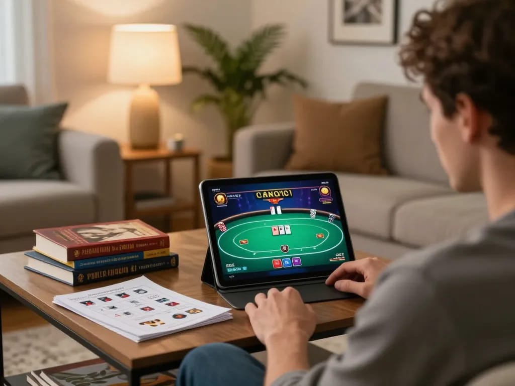 Player examining online poker game on tablet, highlighting responsible gambling with KI Detektor deutsch tools.