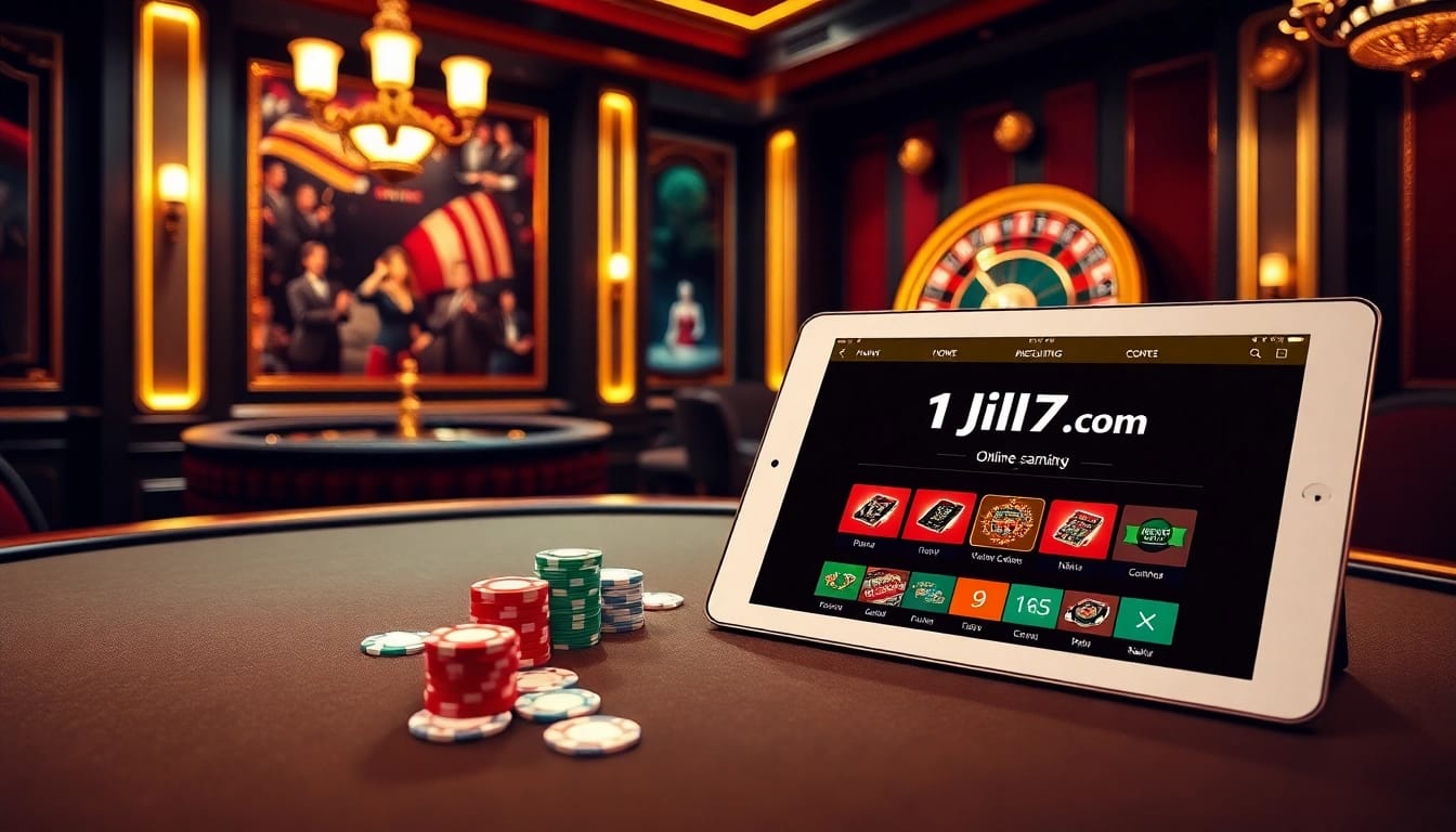 Experience luxury gaming at 11jili7.com with poker chips and a spinning roulette wheel.