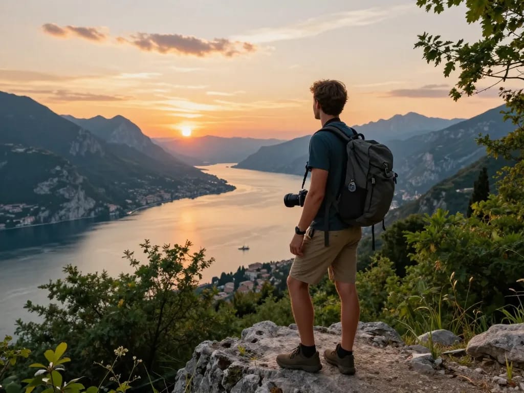 Reisender bewundert den atemberaubenden Blick auf den Gardasee während des Sonnenuntergangs, der die Gardasee Reisetipps für unvergessliche Abenteuer hervorhebt.