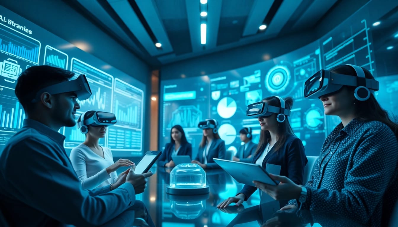 Futuristic AI-driven learning space for adults 18+ featuring modern technology and interactive screens.