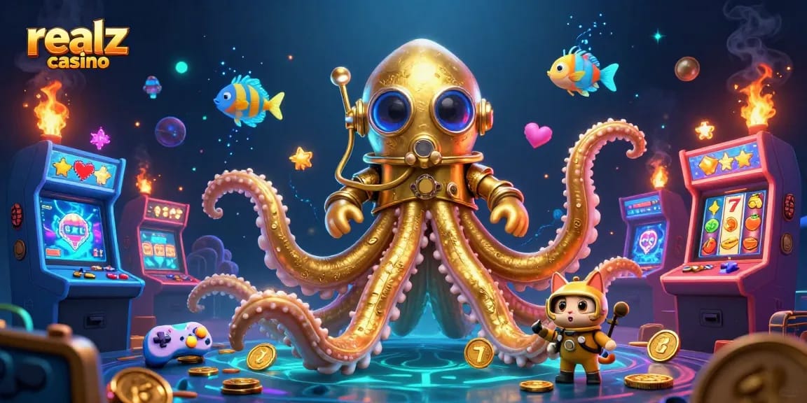 Experience the excitement at realz casino with a vibrant underwater-themed 3D illustration