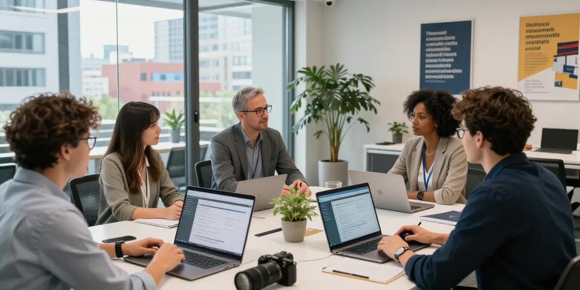 Offenes Büro mit Team in Feedback-Sitzung, das schlechte Arbeitskultur angeht.