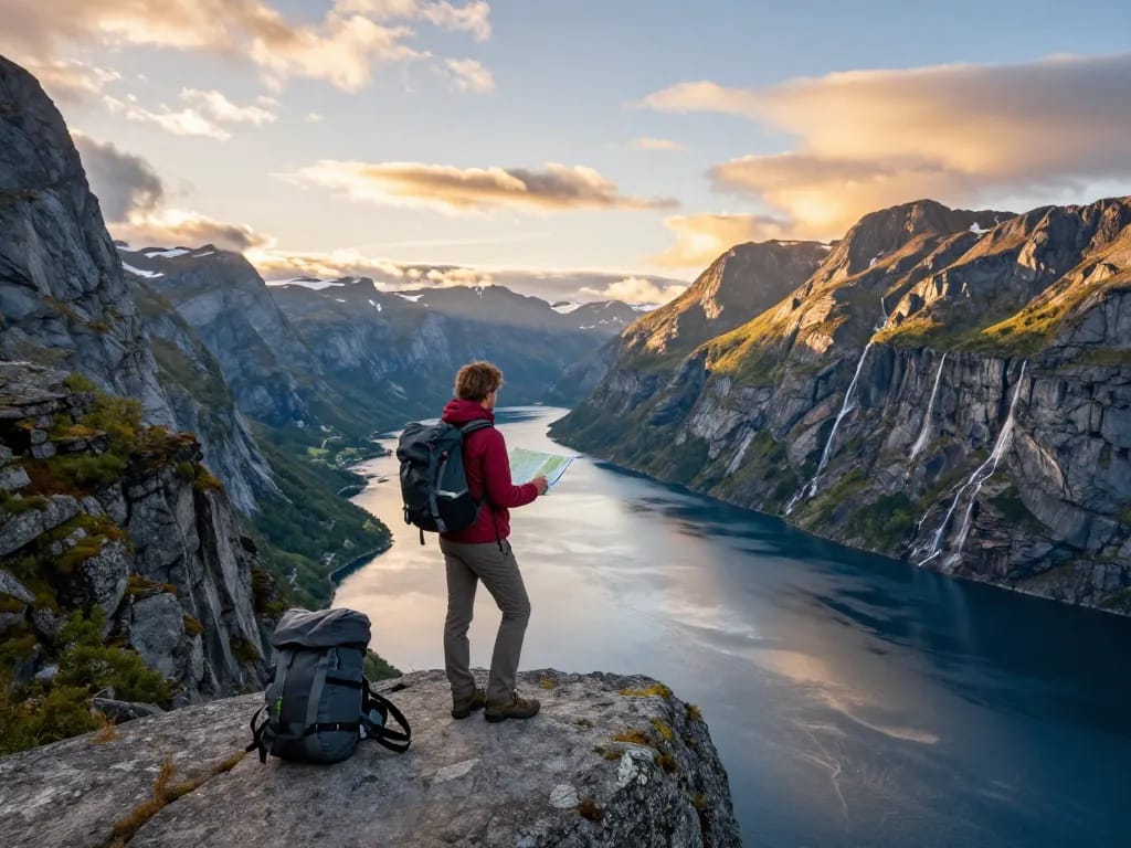 Reisetipps Skandinavien - Reisender genießt die malerische Fjordlandschaft in Norwegen zur goldenen Stunde.