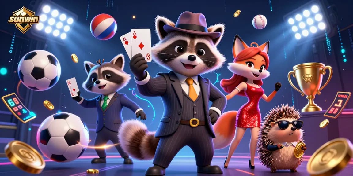 Engage in thrilling gaming with sunwin featuring a suave raccoon, elegant fox, and lively sports elements.