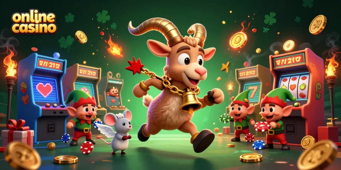 Experience the excitement of an online casino with a festive Krampus goat, an angel mouse, and mischievous elf gremlins in action.