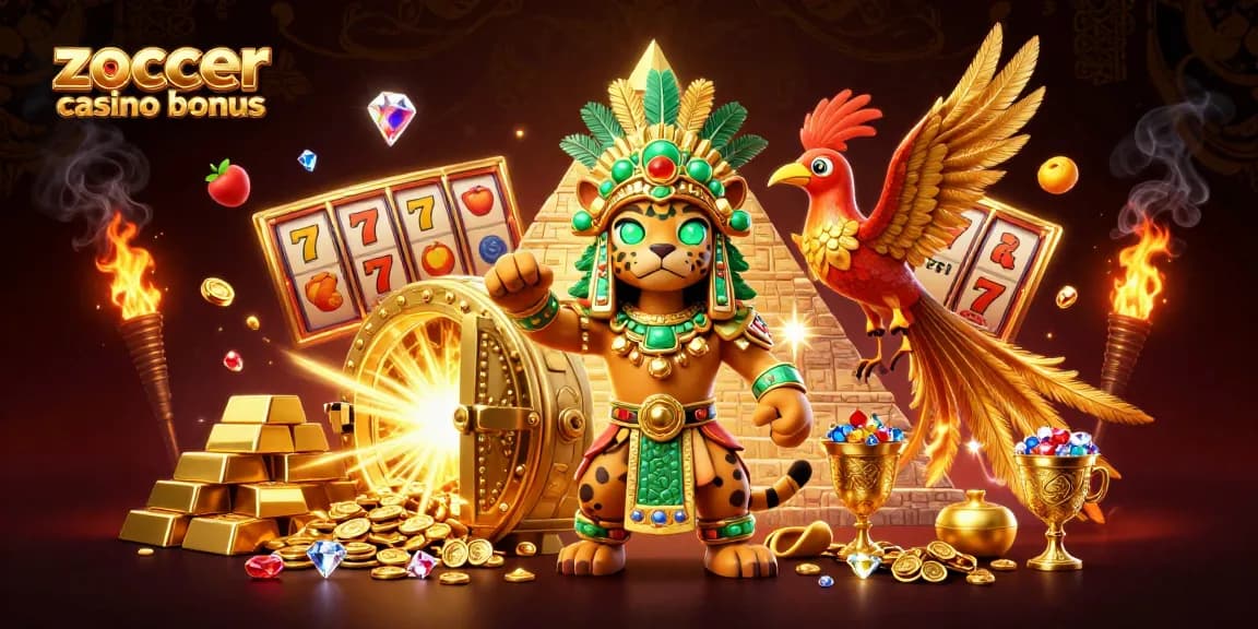 Experience the excitement of Zoccer Casino Bonus with this vibrant 3D illustration featuring Mayan elements and slot symbols.