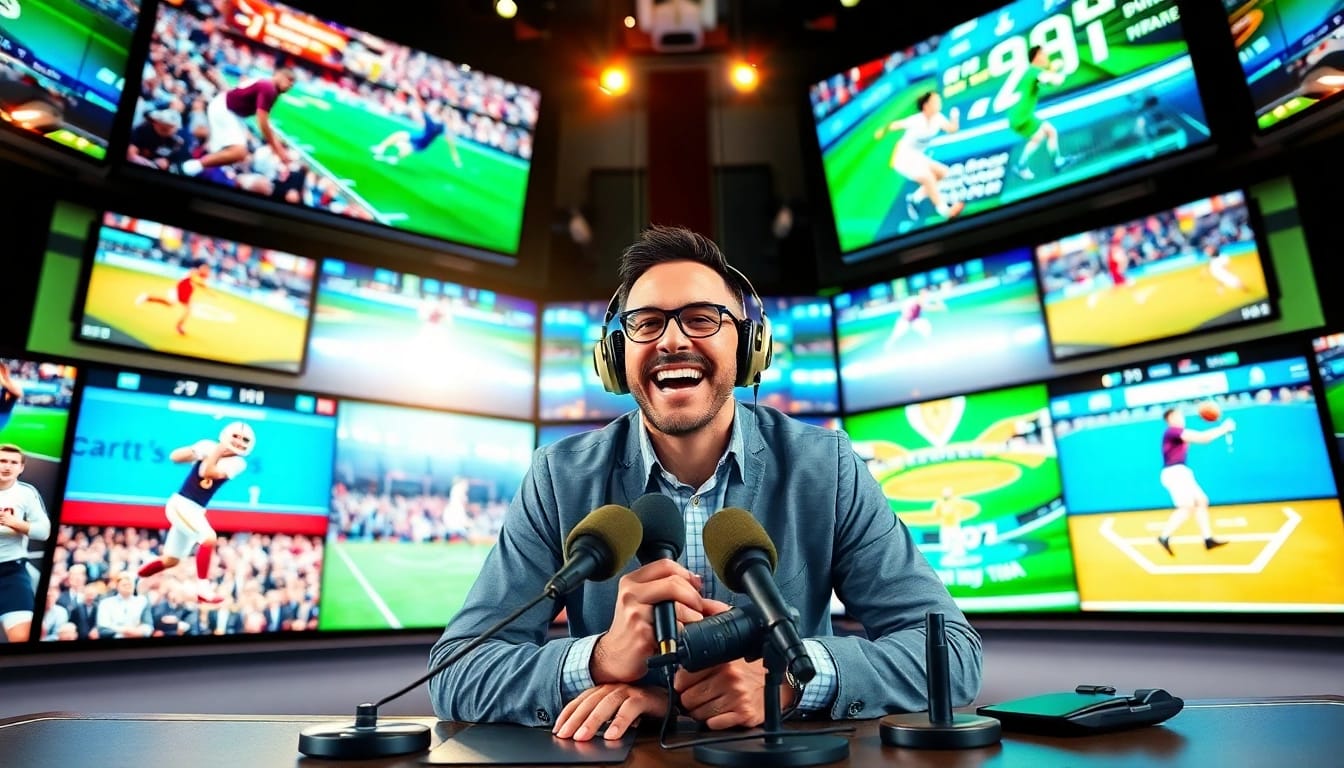 Captivating sports broadcasting scene with a passionate announcer, highlighting Sports Broadcasting excitement.