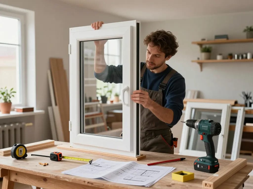 Handwerker demonstriert fachmännische Fensterbau Köln Techniken beim Einbau moderner Fenster in einer Werkstatt.