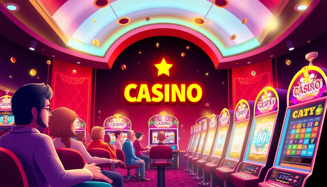 Casino Bonus ohne Einzahlung - Spieler genießen aufregende Spiele in einem lebhaften Online-Casino mit bunten Spielautomaten.