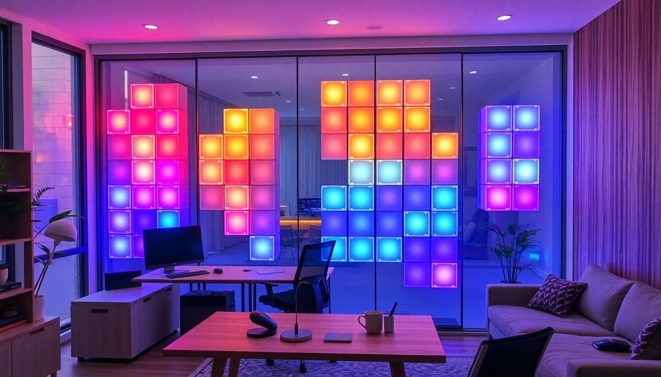 Entdecken Sie die Nanoleaf Blocks Bewertung Deutsch mit einem kreativen RGB-Beleuchtungssystem in einem modernen Büro.