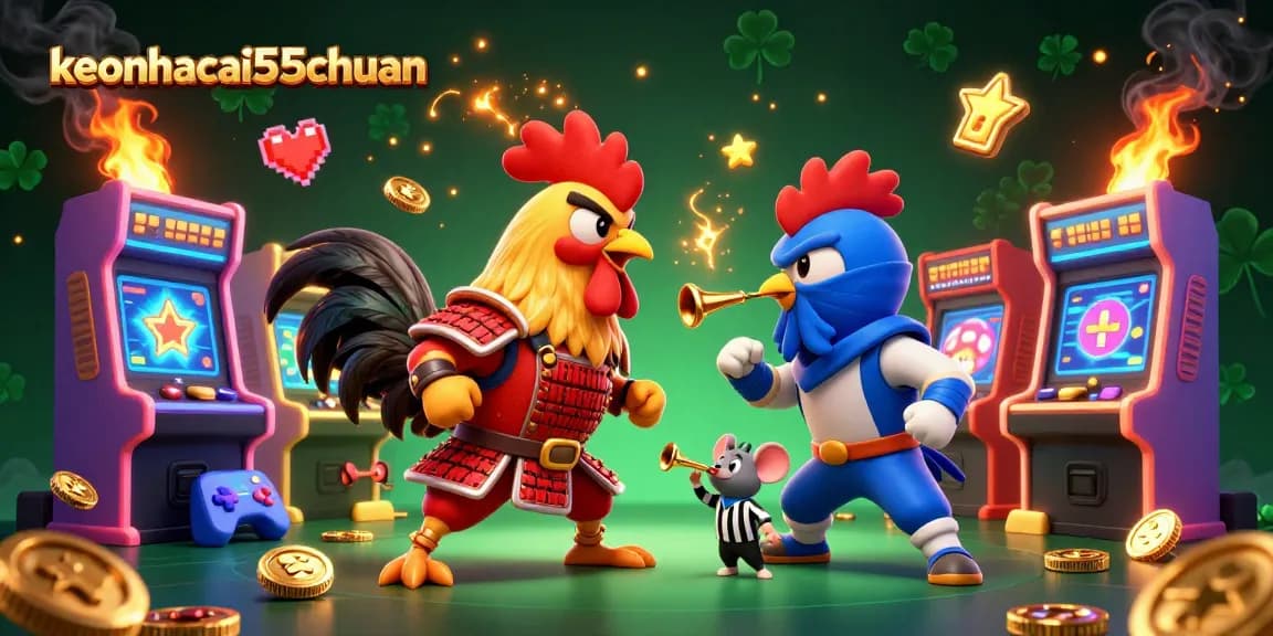 Experience thrilling action in keonhacai55chuan with dynamic rooster battle and vibrant gaming elements.