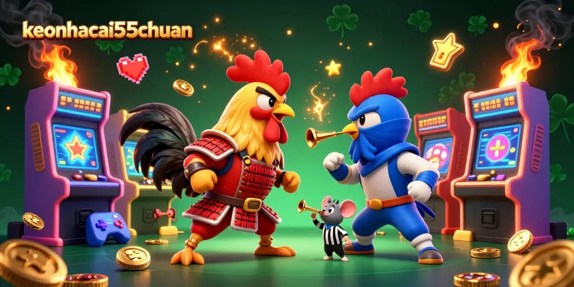 Experience thrilling action in keonhacai55chuan with dynamic rooster battle and vibrant gaming elements.