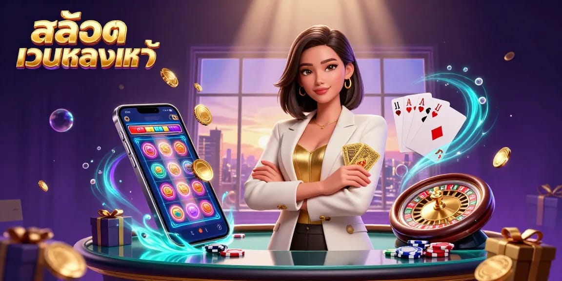 Experience สล็อตเว็บตรงแท้ with a powerful Asian businesswoman in a glamorous casino scene featuring dynamic gaming elements.