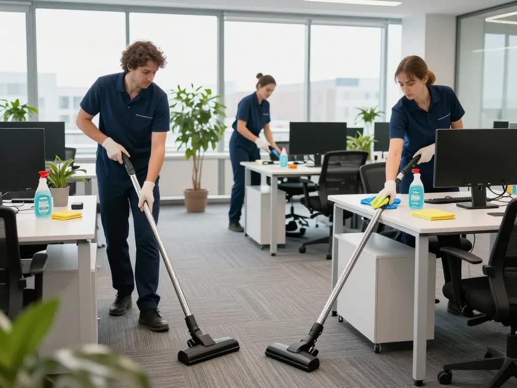 Professionelles Reinigungsteam führt Unterhaltsreinigung im Raum Münster in einem modernen Büro aus und sorgt für Hygiene und Produktivität.