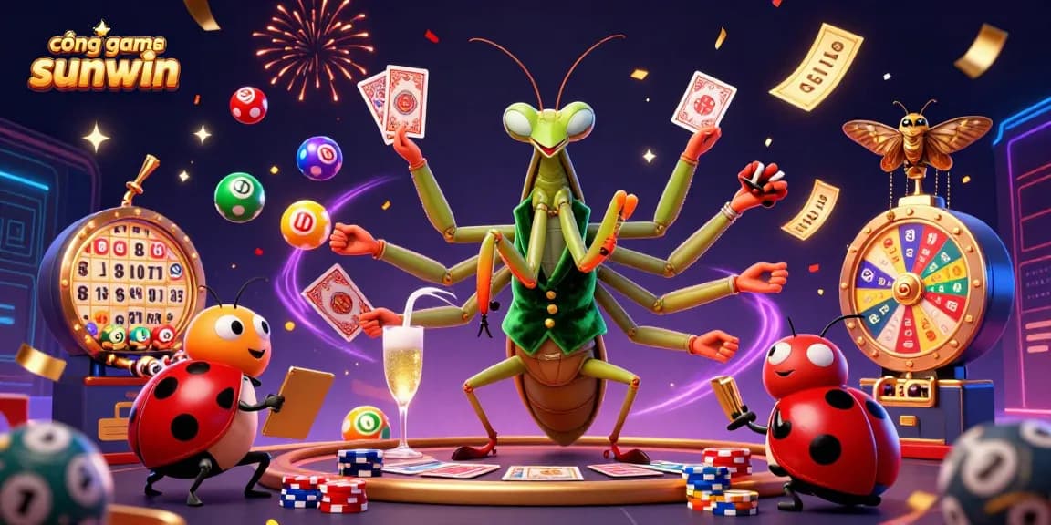 Experience excitement at cổng game sunwin with a dynamic 3D casino scene featuring vibrant lottery elements.