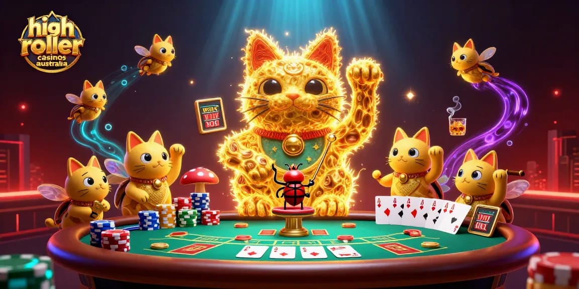 Experience high roller casinos australia with a dynamic scene of casino symbols and vibrant gaming elements.