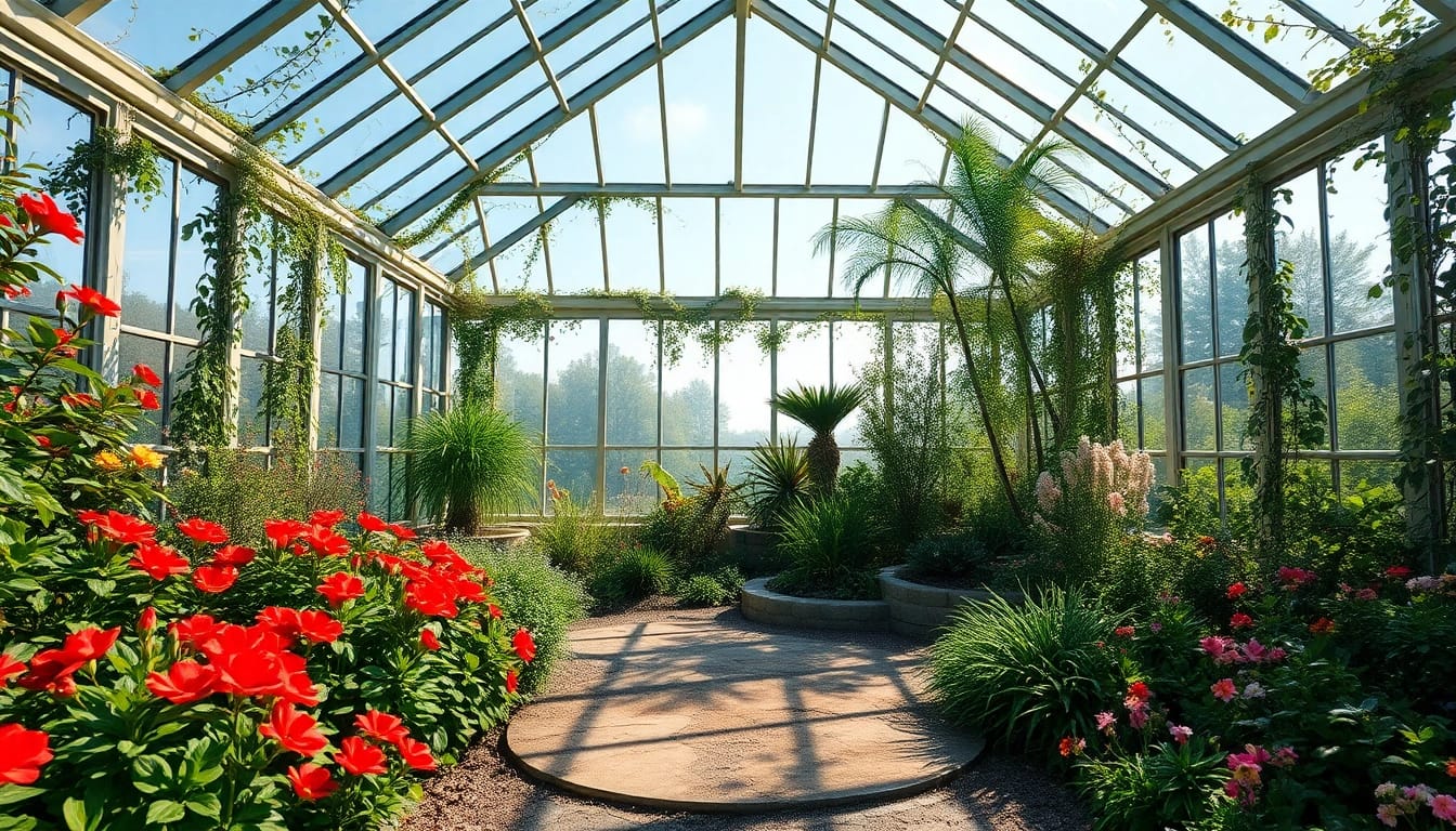 Wintergarten mit atemberaubender Glasstruktur und lebhaften Pflanzen in natuerlichem Licht.