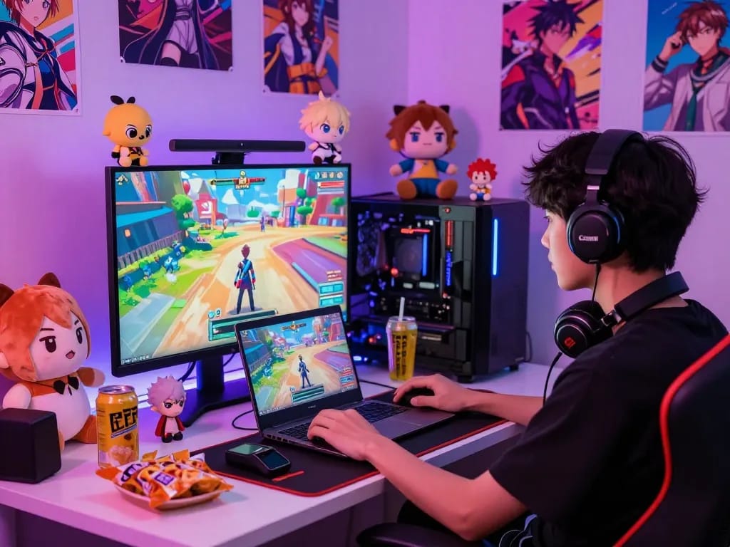 Engaged player enjoying a hentai game in a vibrant gaming setup