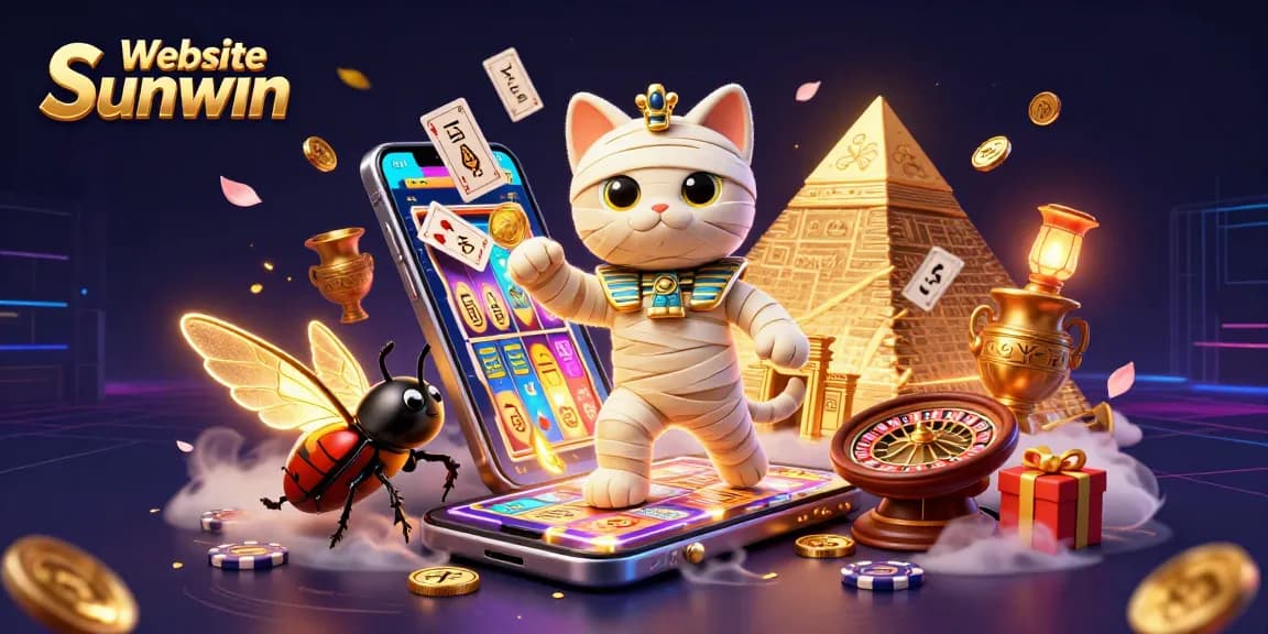 Play slots and win big with Website Sunwin in a vibrant pyramid casino scene featuring dynamic gaming elements.