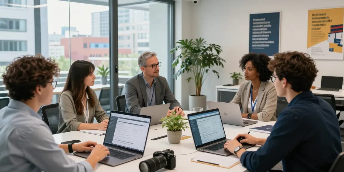 Offenes Büro mit Team in Feedback-Sitzung, das schlechte Arbeitskultur angeht.