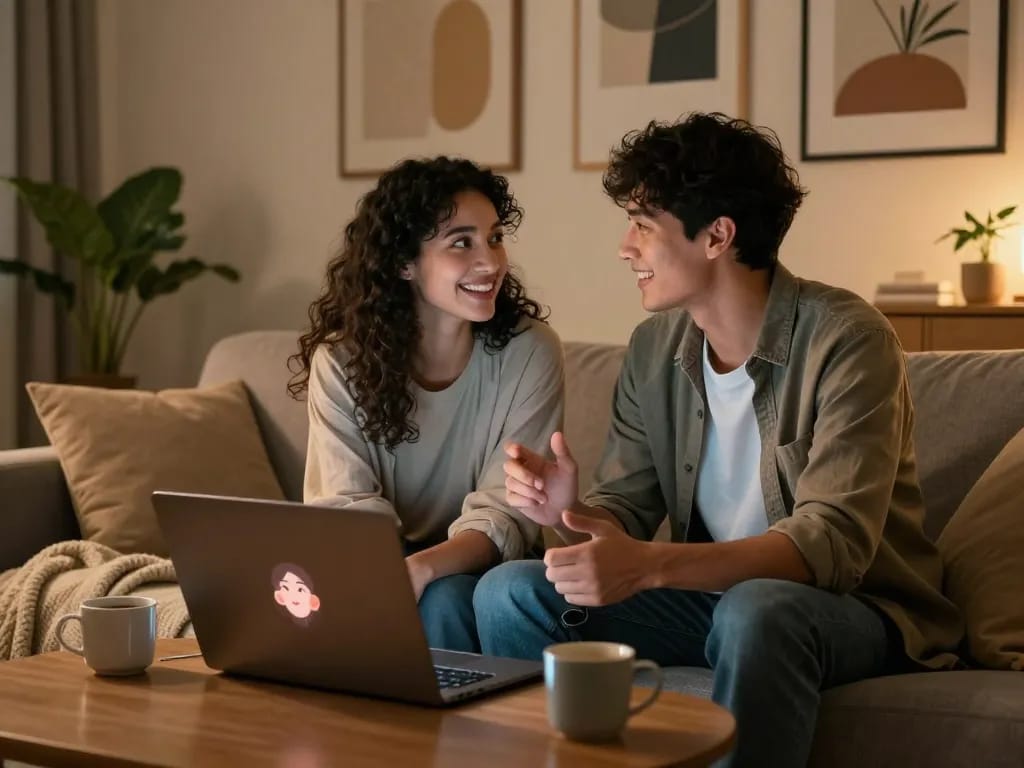 Engaged couple enjoying conversation with their girlfriend AI in a cozy living room.