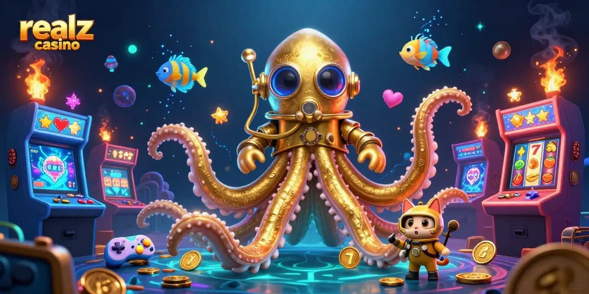 Experience the excitement at realz casino with a vibrant underwater-themed 3D illustration