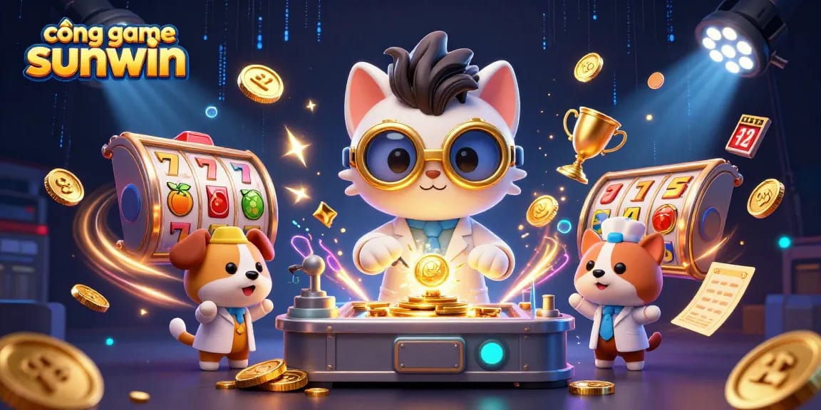 Experience thrills at cổng game sunwin with vibrant slot reels and playful characters in a lively casino scene.