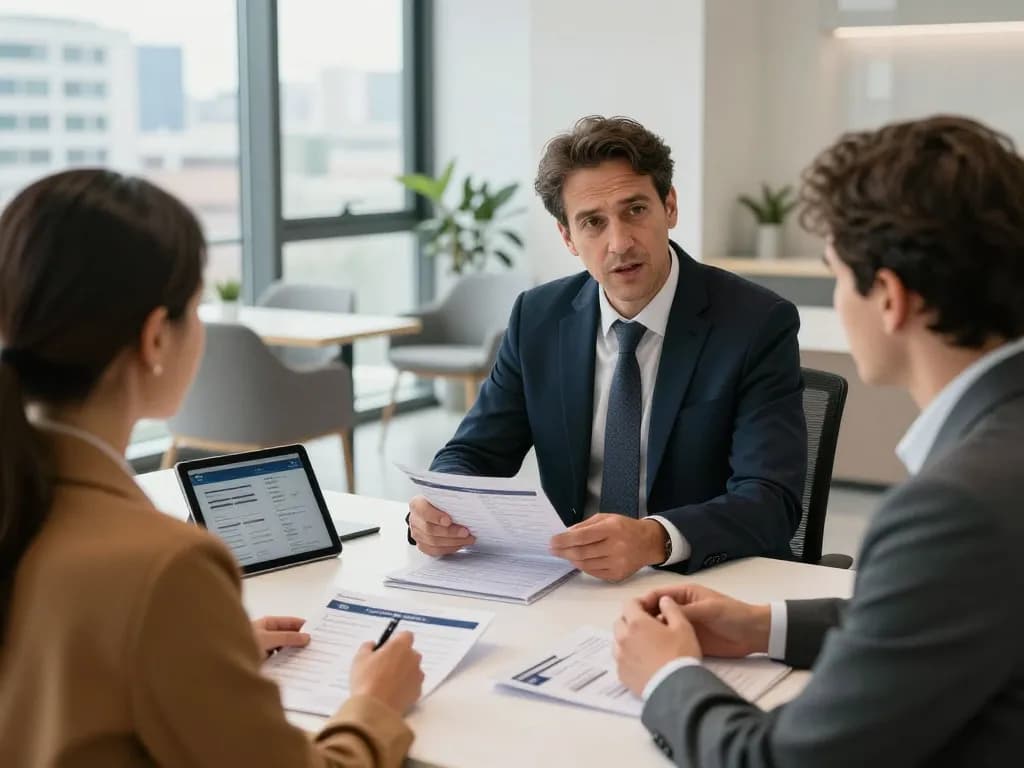 Engagierte Interaktion mit Immobilienmakler Frankfurt Ginnheim in einem modernen Büro, das Immobilienbroschüren und digitale Angebote präsentiert.