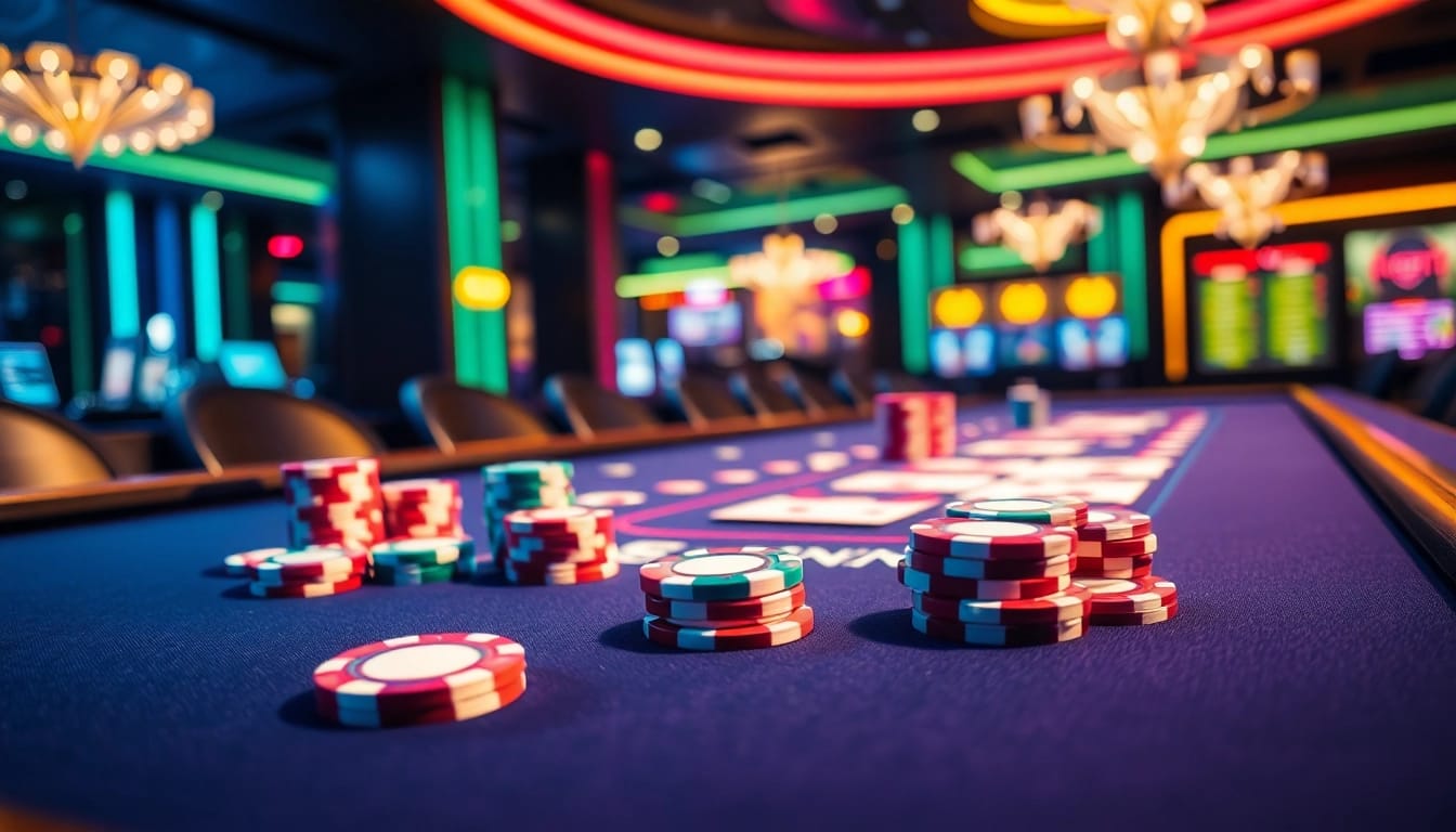 Erlebe casinospiele bei einem aufregenden Pokerabend mit bunten Chips und Karten.