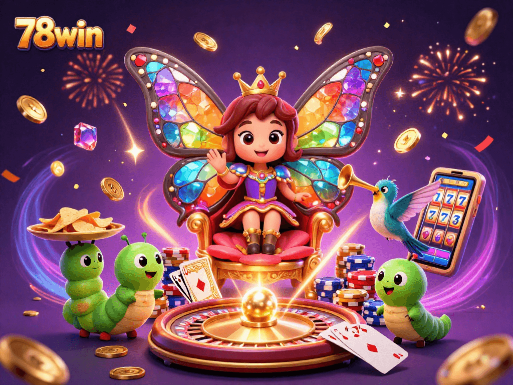 Win big with 78win in this vibrant illustration featuring a butterfly queen and dynamic casino elements.