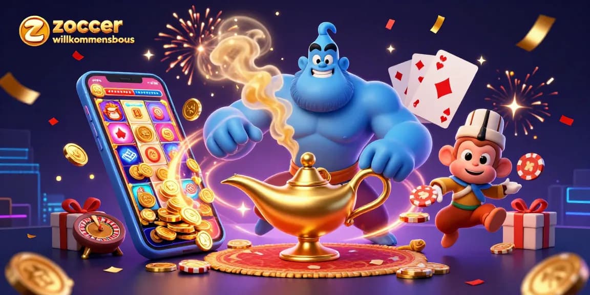 Erlebe den Zoccer Casino Willkommensbonus mit einem majestätischen Genie und Glücksspiel-Elementen.
