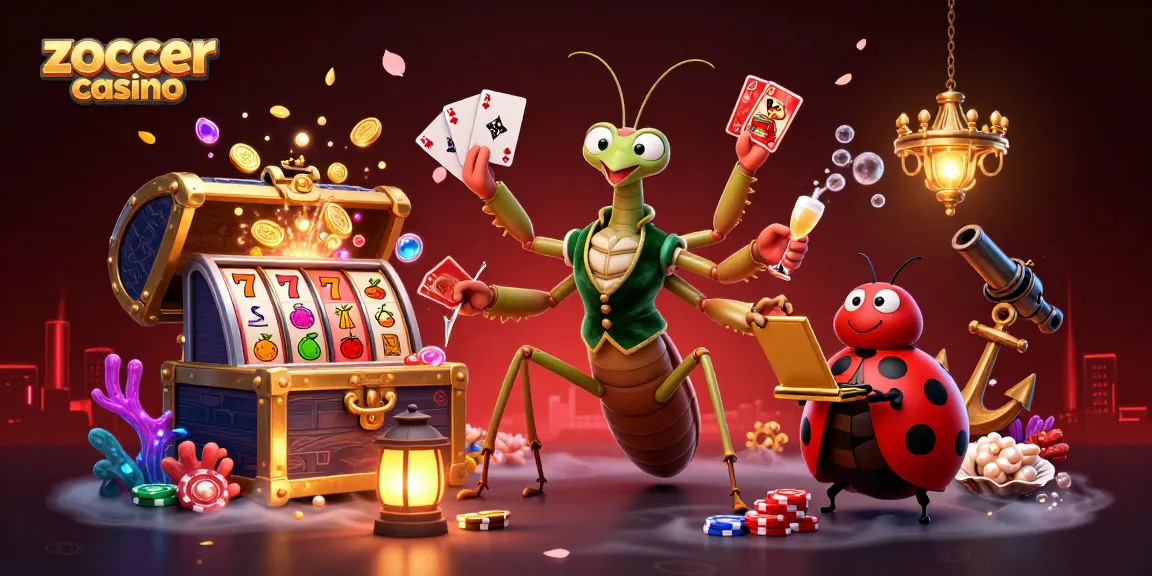 Zoccer casino illustration showcasing vibrant 3D characters and casino elements in a lively setting.