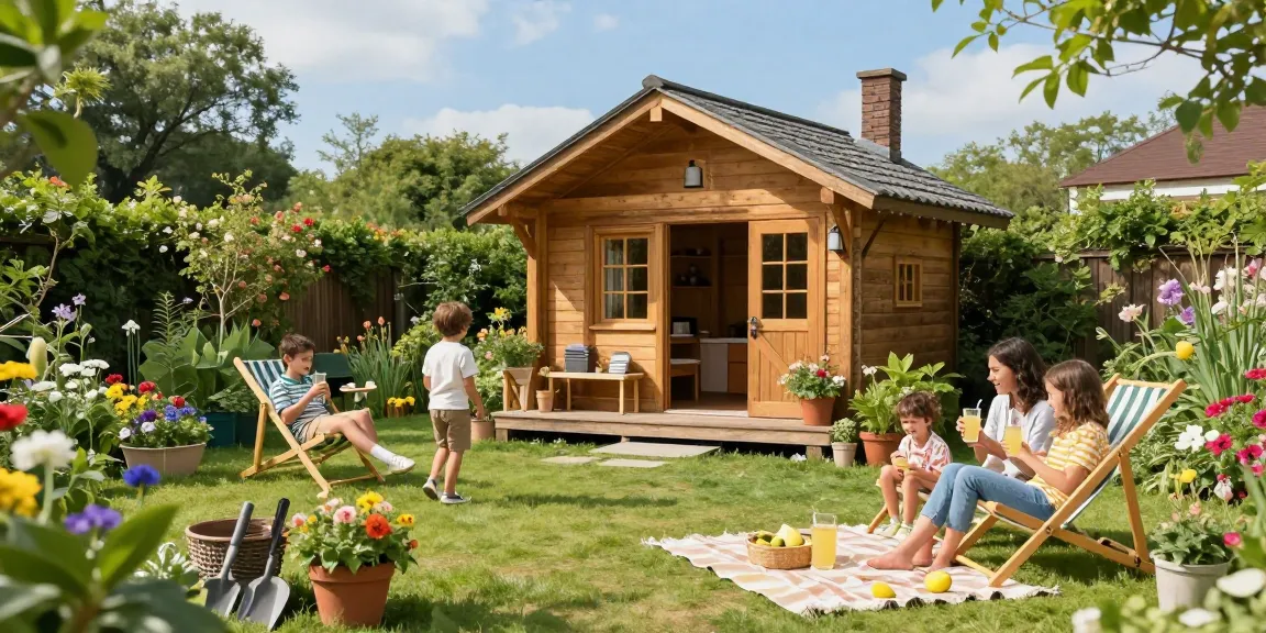 Gemütliches Garten Haus mit Familie im Freien, umgeben von bunten Pflanzen.