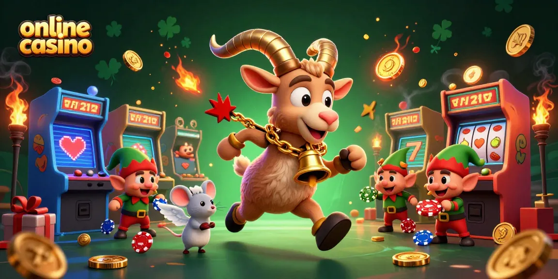 Experience the excitement of an online casino with a festive Krampus goat, an angel mouse, and mischievous elf gremlins in action.