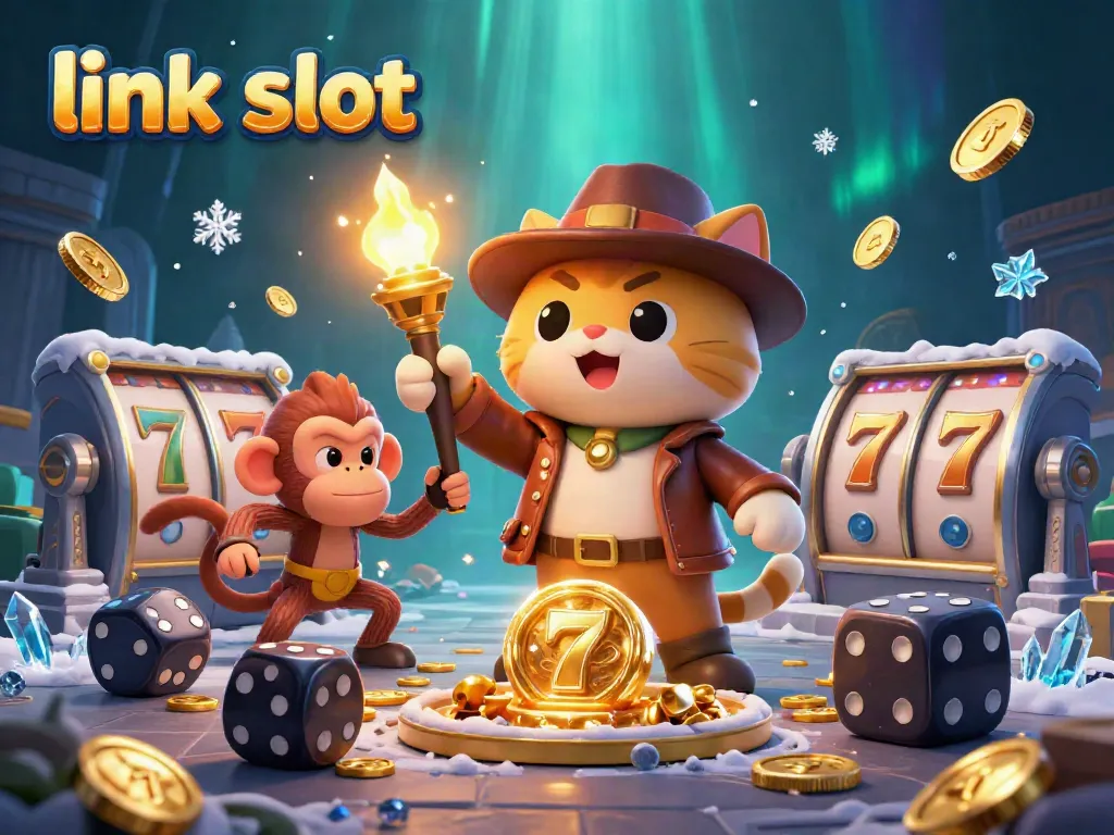 Discover the exhilarating world of link slot with a cartoon explorer in a vibrant casino-themed temple.