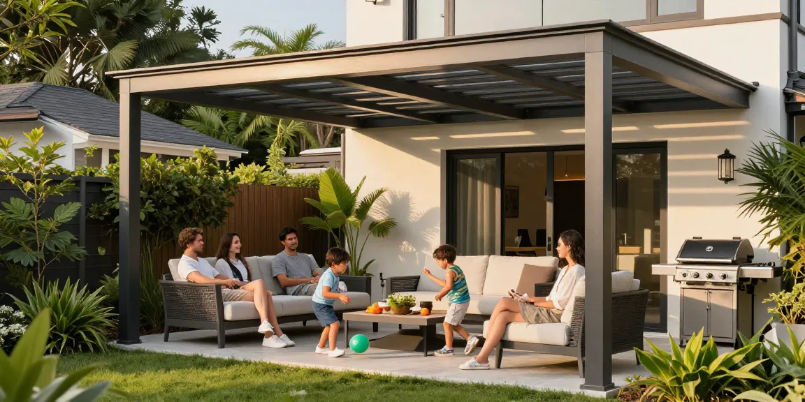 Familie genießt ihre Terrassenüberdachungen im sonnigen Garten mit modernen Möbeln.