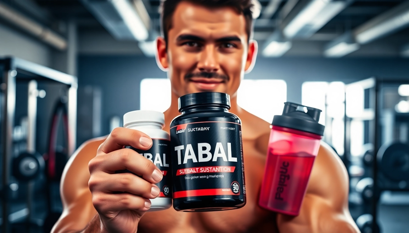 Sustabal Sustanon showcased by a confident athlete in a vibrant gym setting, emphasizing strength.