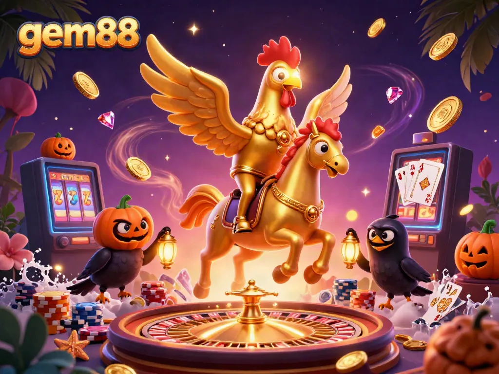 Experience the excitement of gem88 casino with vibrant visuals of games, characters, and golden treasures.