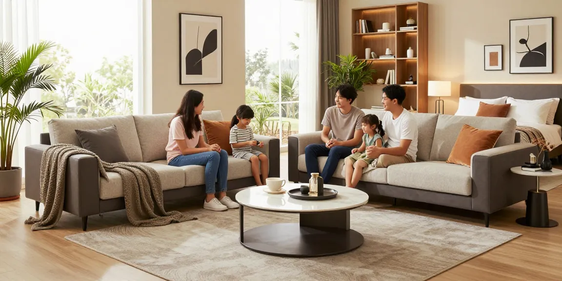 Gemütliches Wohnzimmer, das Möbel günstig kaufen mit stilvoller Anordnung und einladender Dekoration präsentiert