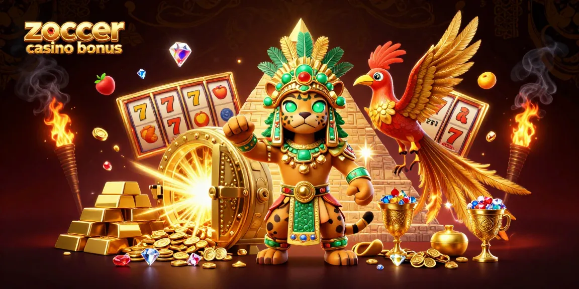 Experience the excitement of Zoccer Casino Bonus with this vibrant 3D illustration featuring Mayan elements and slot symbols.