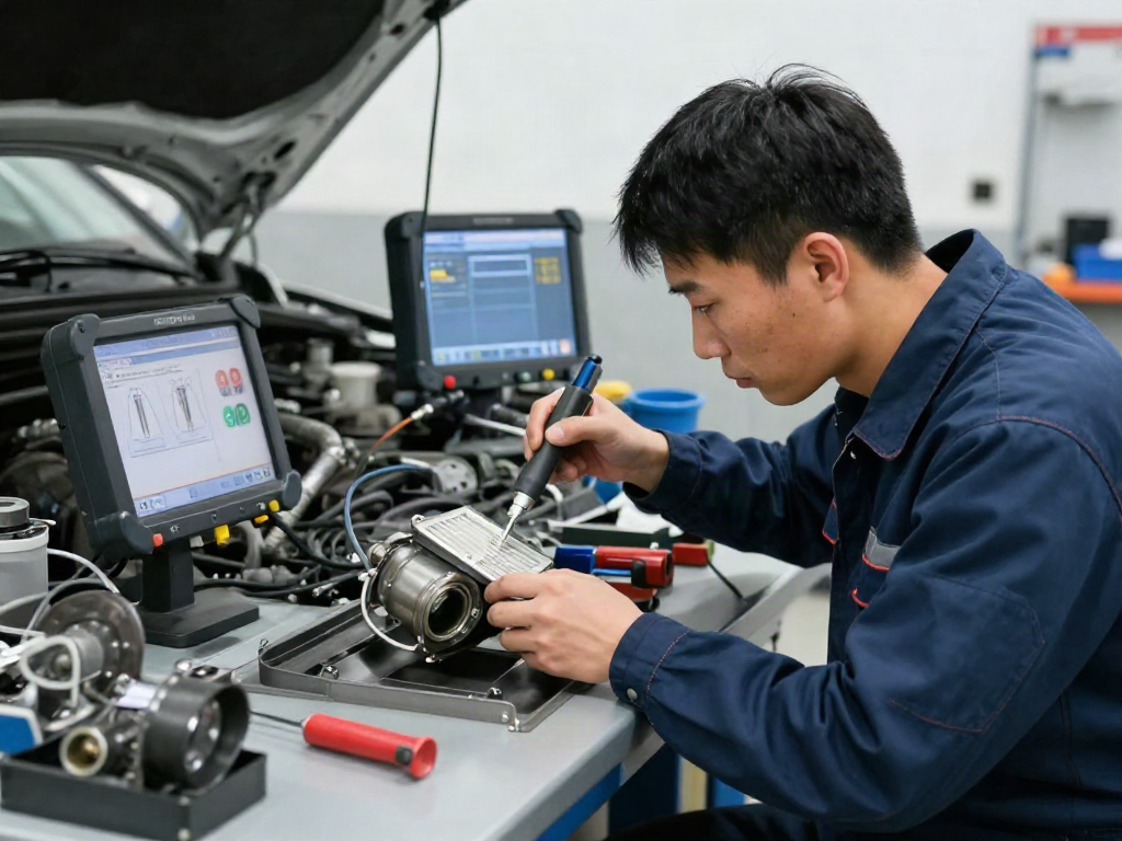 Professionelle DPF-Reinigung in der Automobilwerkstatt mit Mechaniker und Werkzeugen.