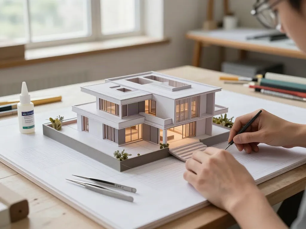 Villenmodell Präsentation Architektur in einem hellen Atelier mit Detailarbeit an einem Architekturmodell.