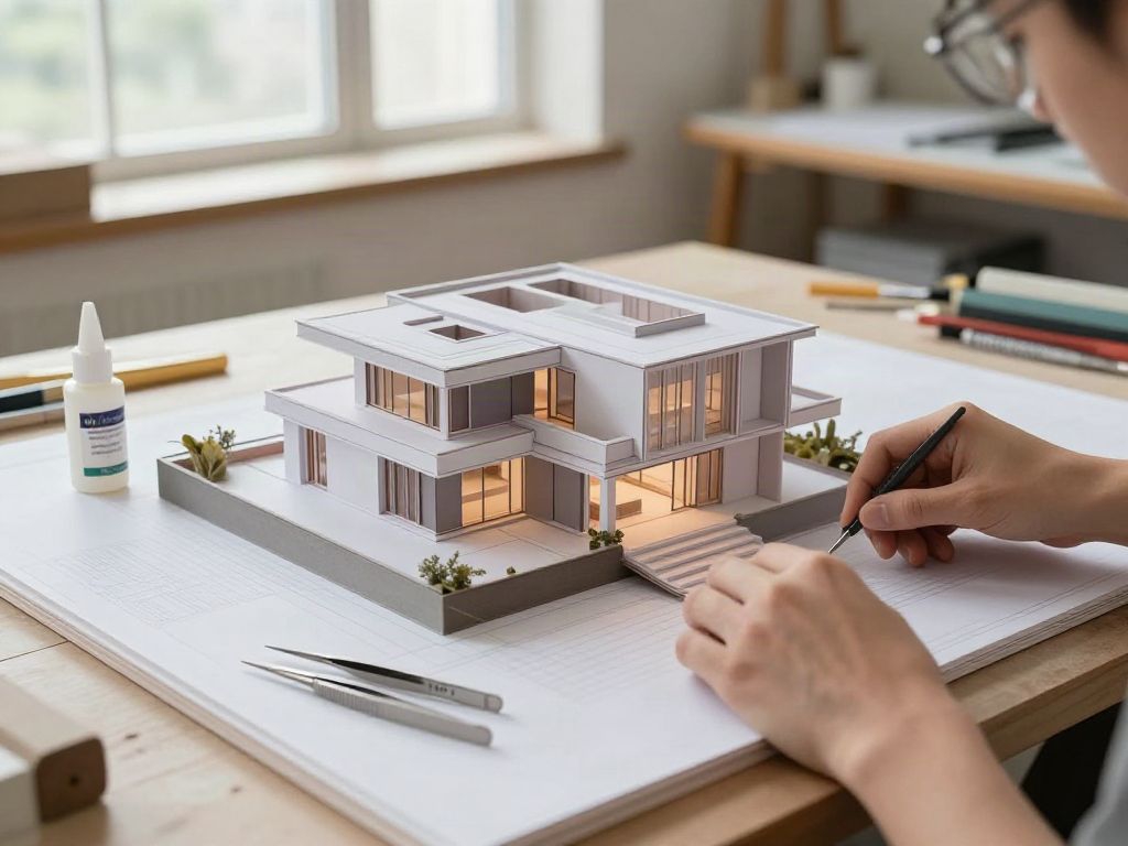 Villenmodell Präsentation Architektur in einem hellen Atelier mit Detailarbeit an einem Architekturmodell.