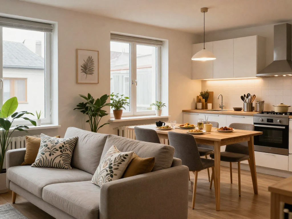 Voll möblierte Monteurwohnung Hannover mit modernem Design, gemütlicher Atmosphäre und voll ausgestatteter Küche.