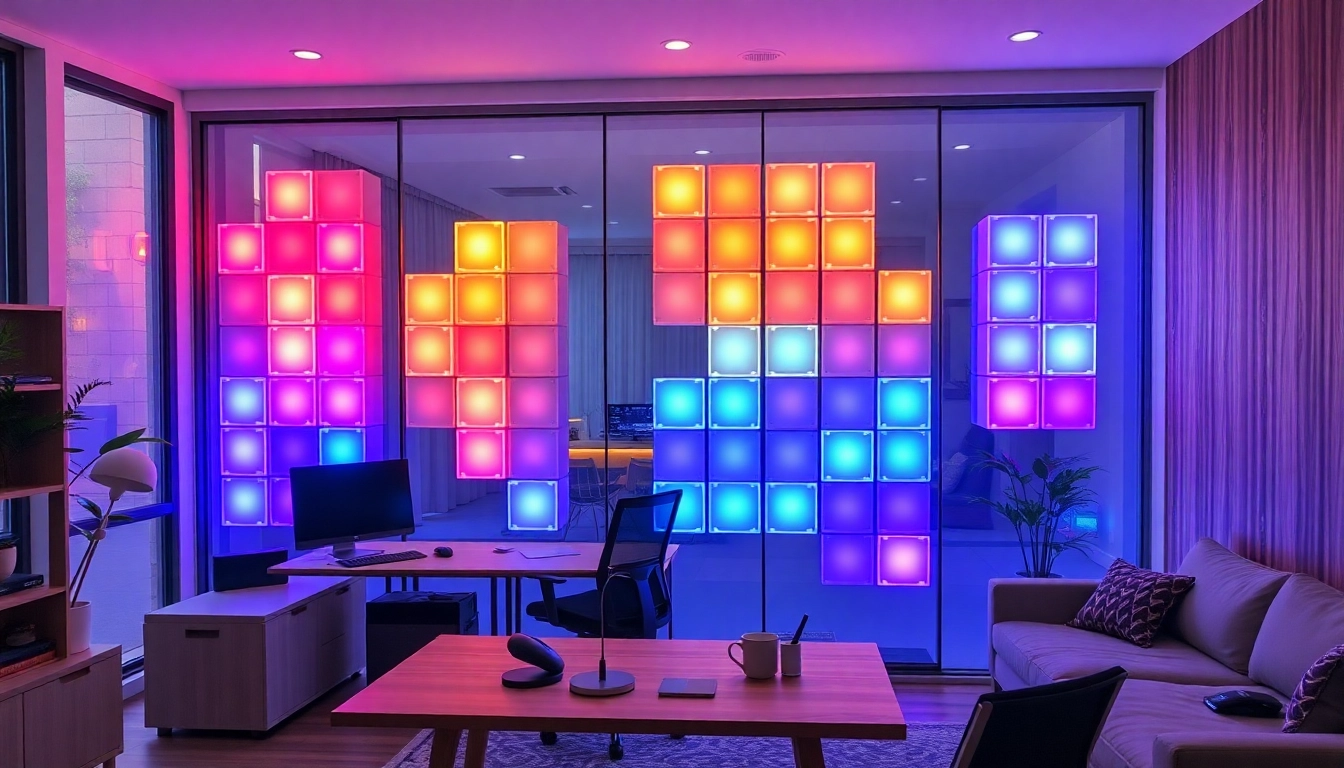 Entdecken Sie die Nanoleaf Blocks Bewertung Deutsch mit einem kreativen RGB-Beleuchtungssystem in einem modernen Büro.